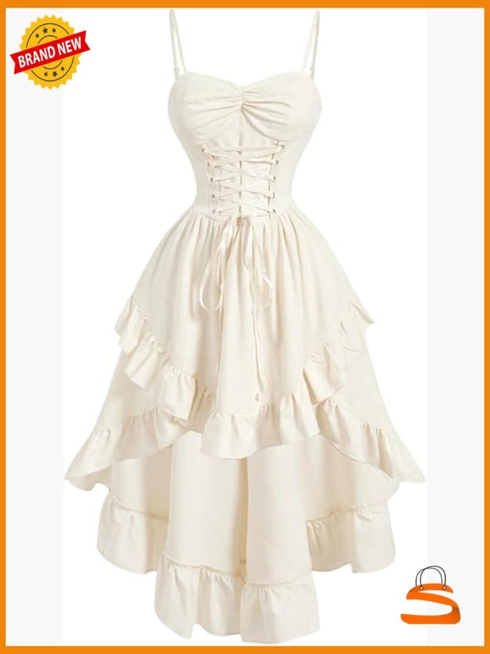 Lace-Up Layered Ruffle Midi Cami Corset Dress Spaghetti Strap Ruched Flowy